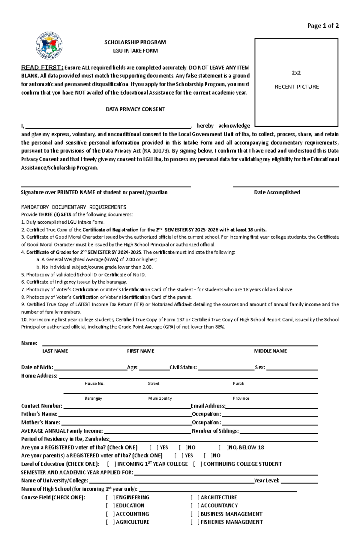 2nd SEM SCHOLARSHIP PROGRAM LGU INTAKE FORM Instructions - Studocu