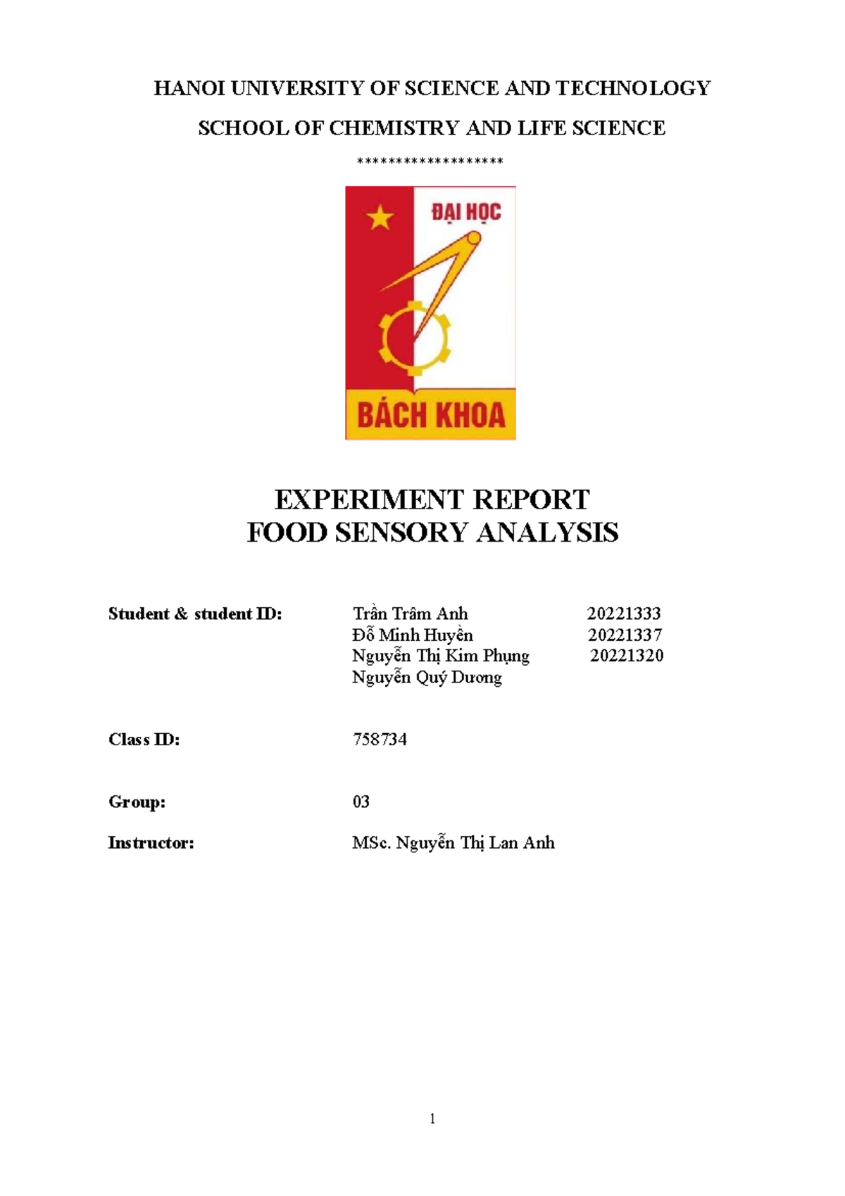HUST CHL 2024 Experiment Report: Food Sensory Analysis - Studocu