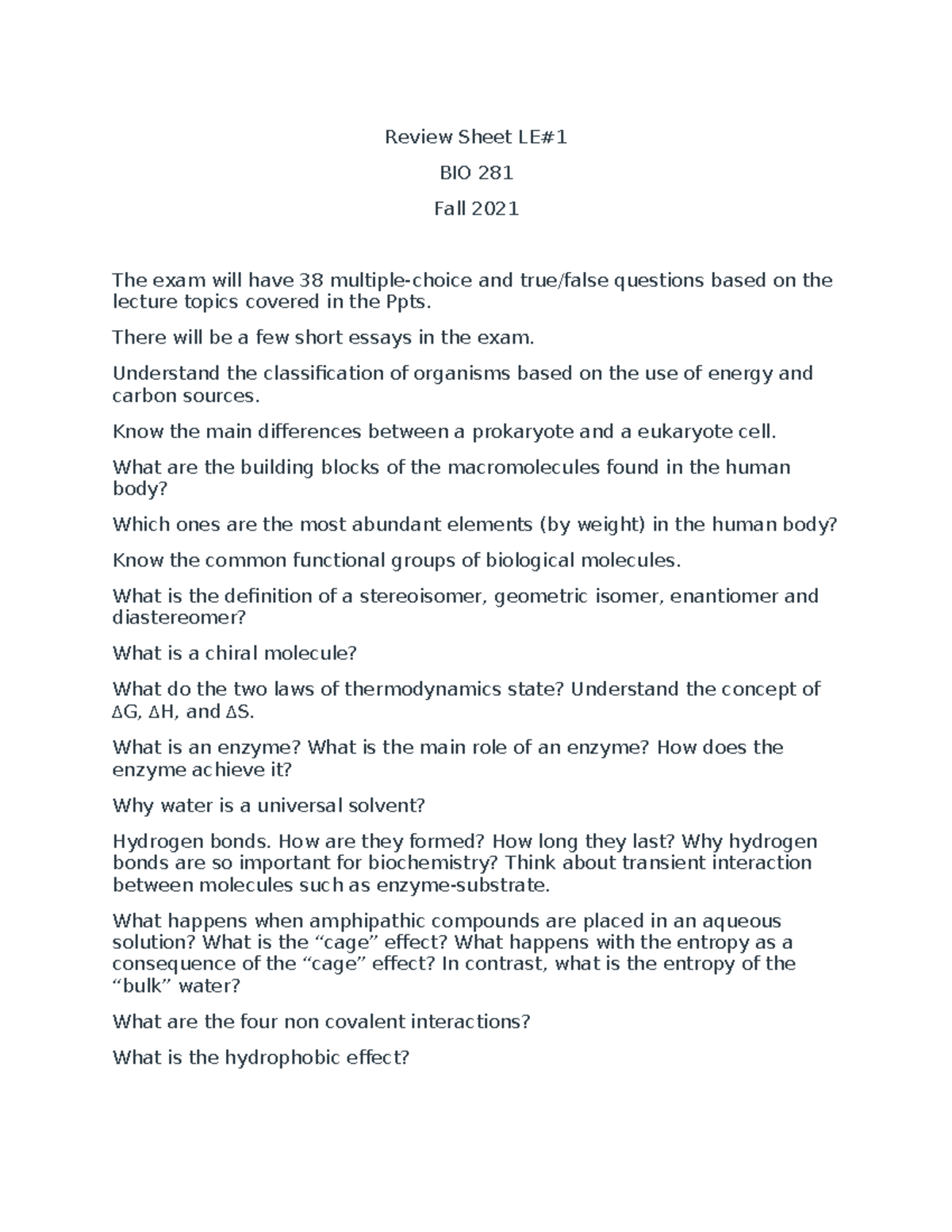 Review Sheet Lecture Exam #1 BIO 281 Fall 2021 - Studocu