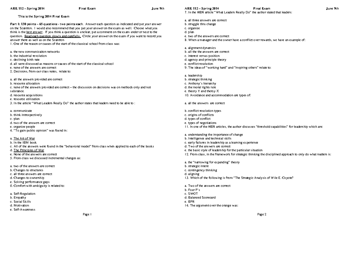 ARE 112 Spring 2014 Final Exam Review: Key Concepts and Questions - Studocu