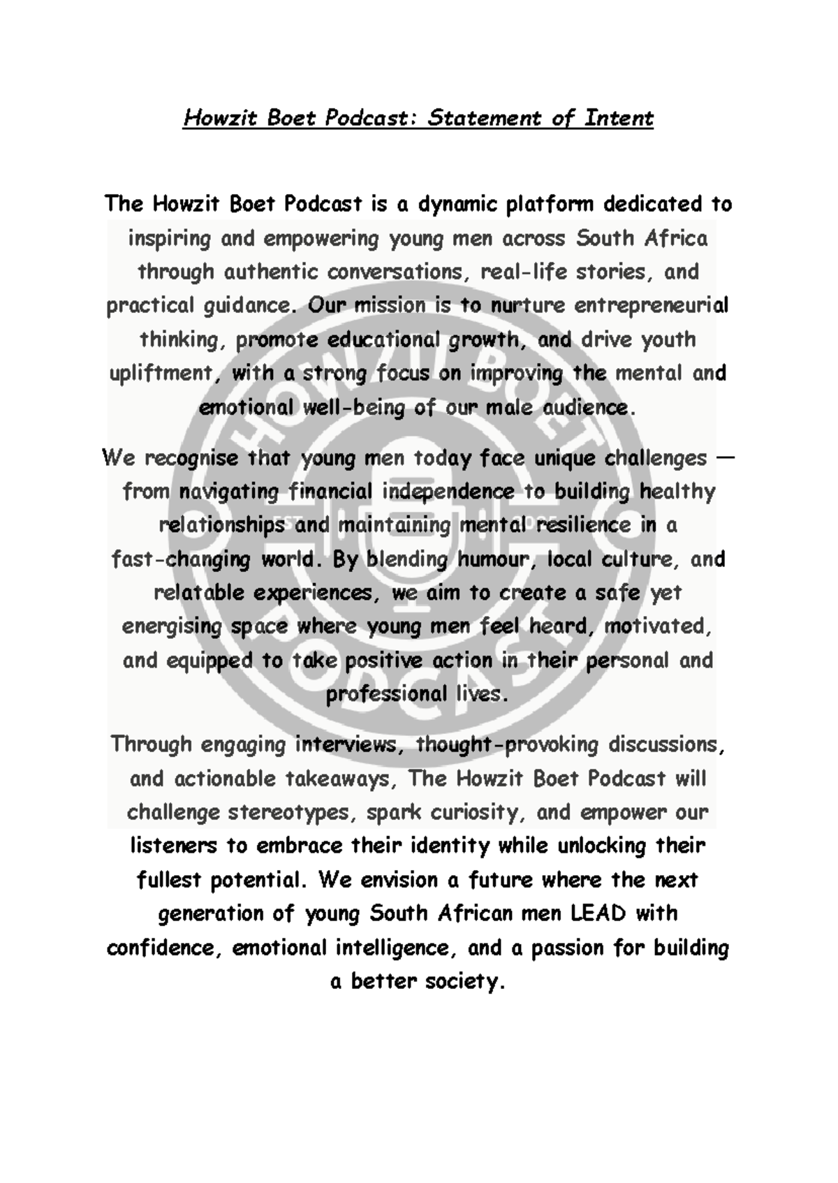 Howzit Boet Podcast: Empowering Young Men in South Africa - Studocu