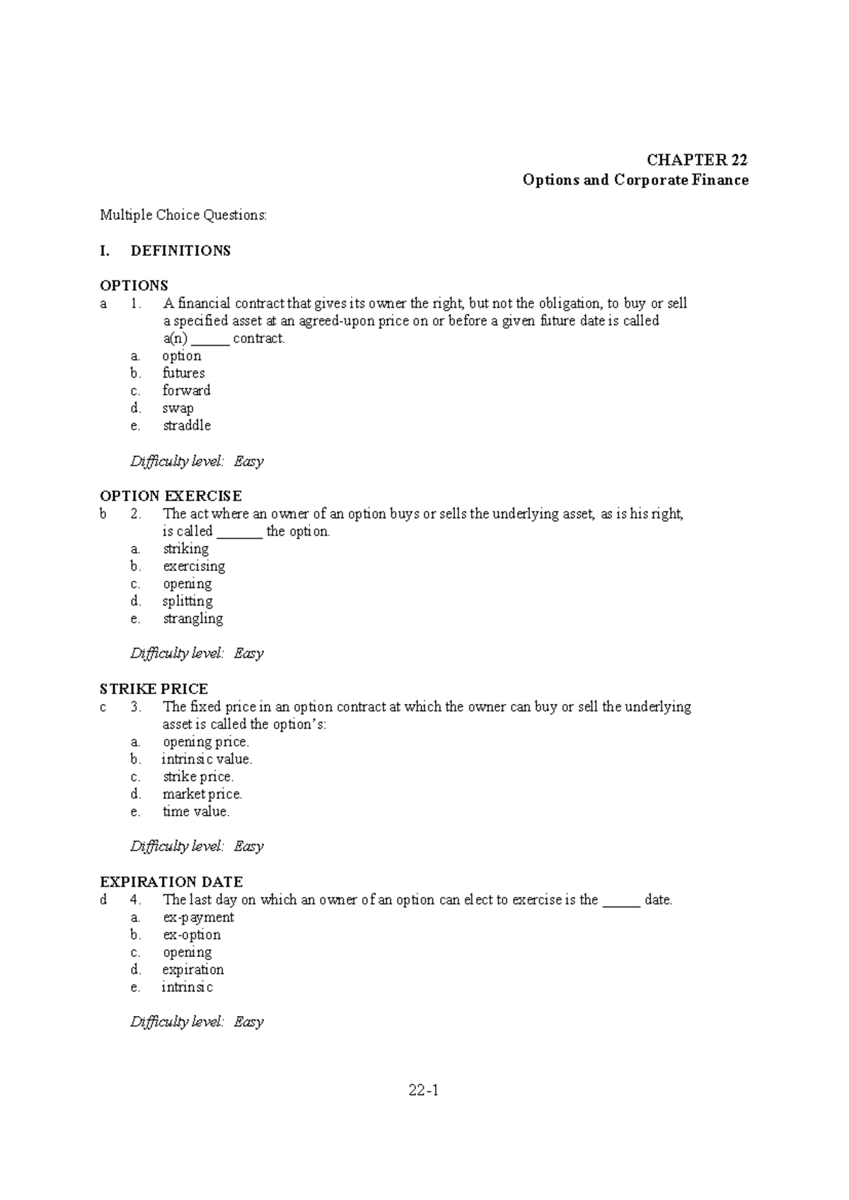 CH22 Options & Corporate Finance Test Bank MCQs and Concepts - Studocu