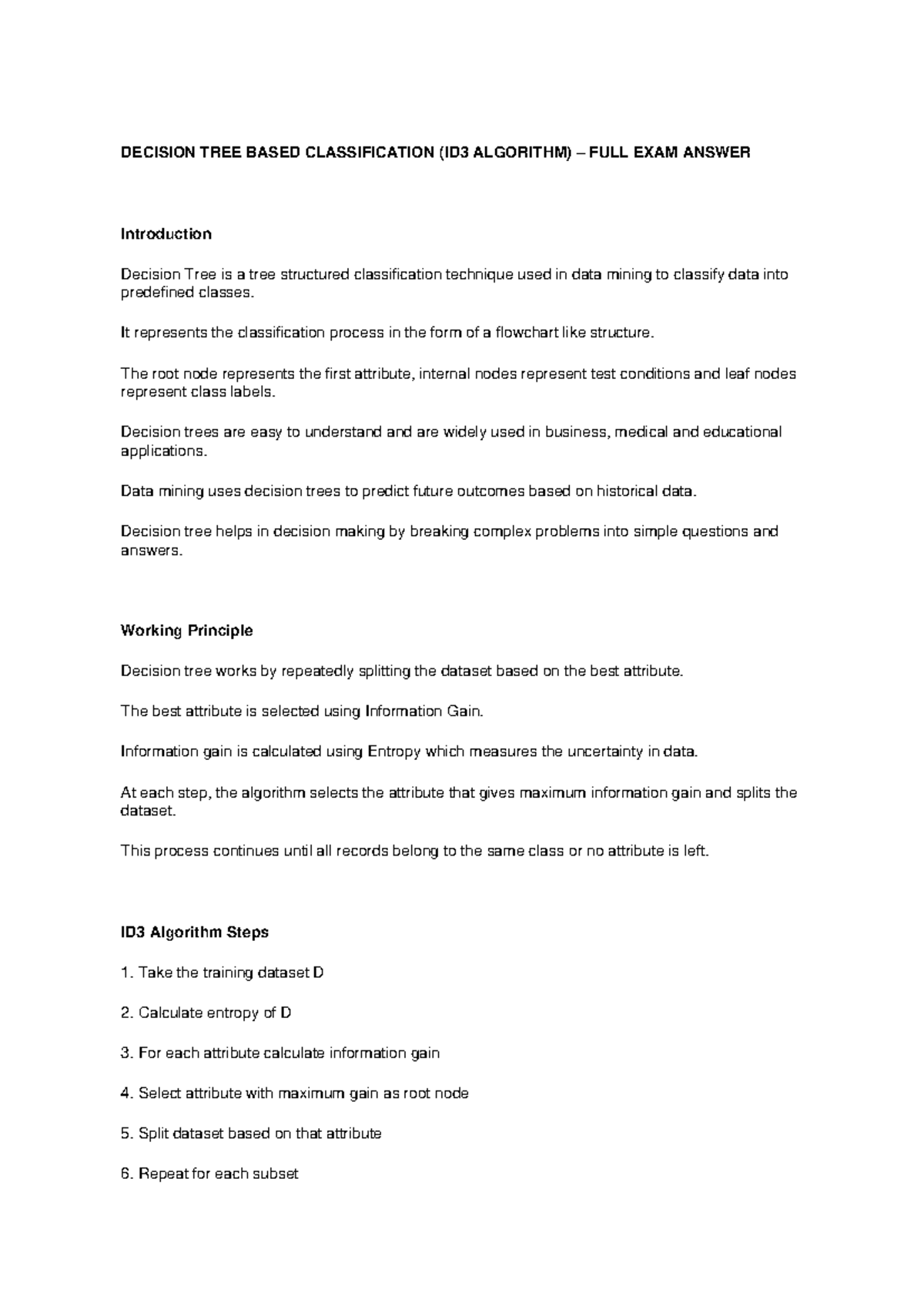 ID3 ALGORITHM DECISION TREE CLASSIFICATION FULL EXAM ANSWER - Studocu