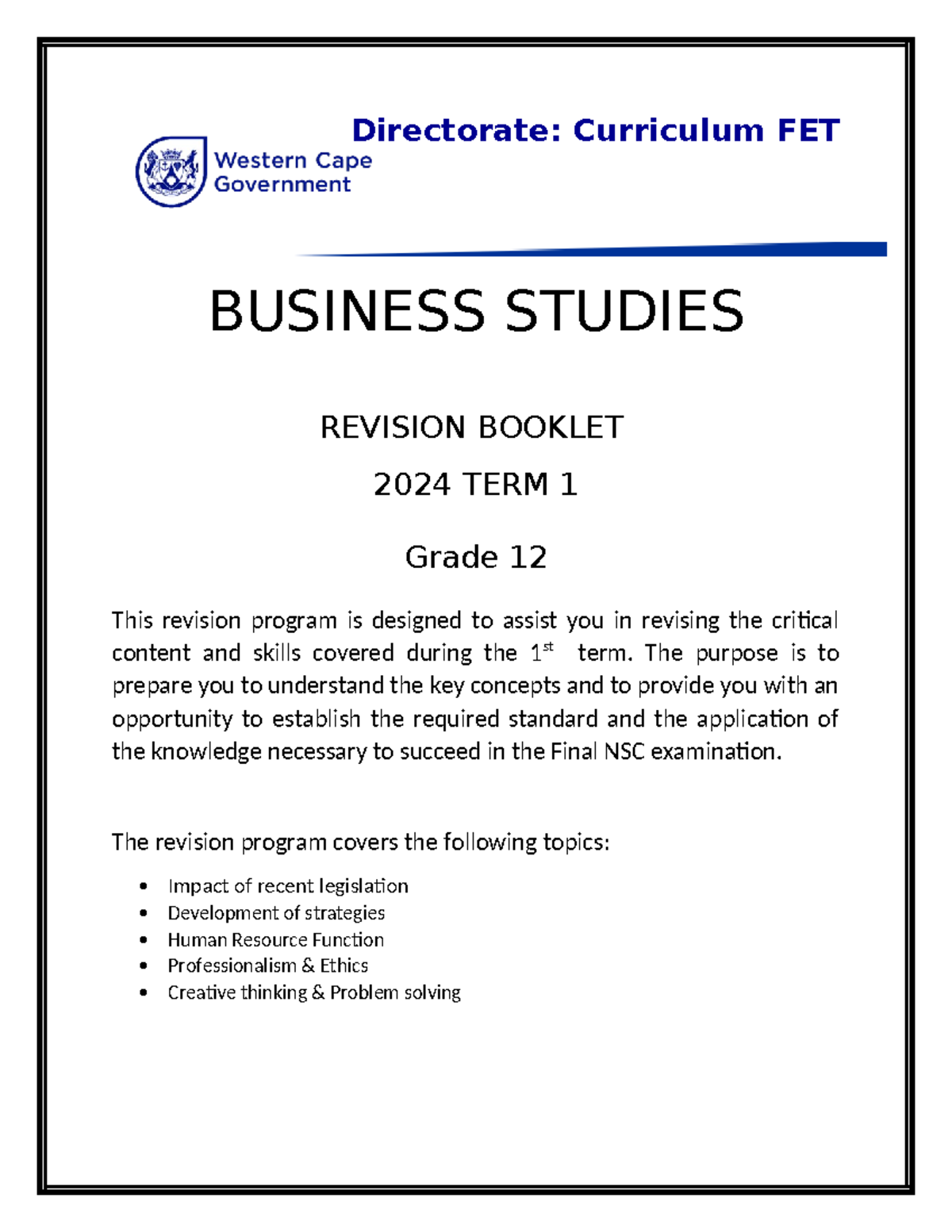 Grade 12 BSTD Term 1 Revision Booklet for Final NSC Exam 2024 - Studocu