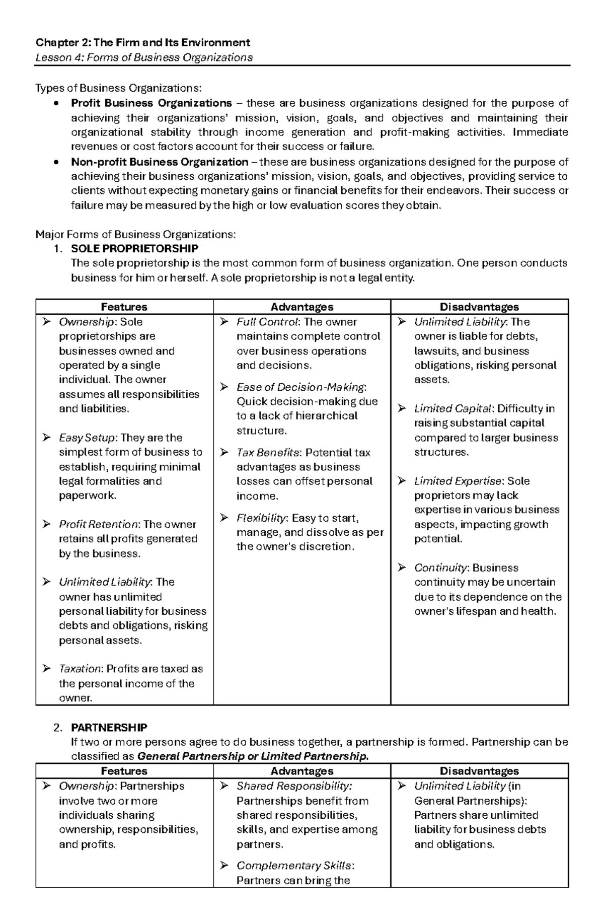 [2.4] Lesson on Forms of Business Organizations and Their Structures ...