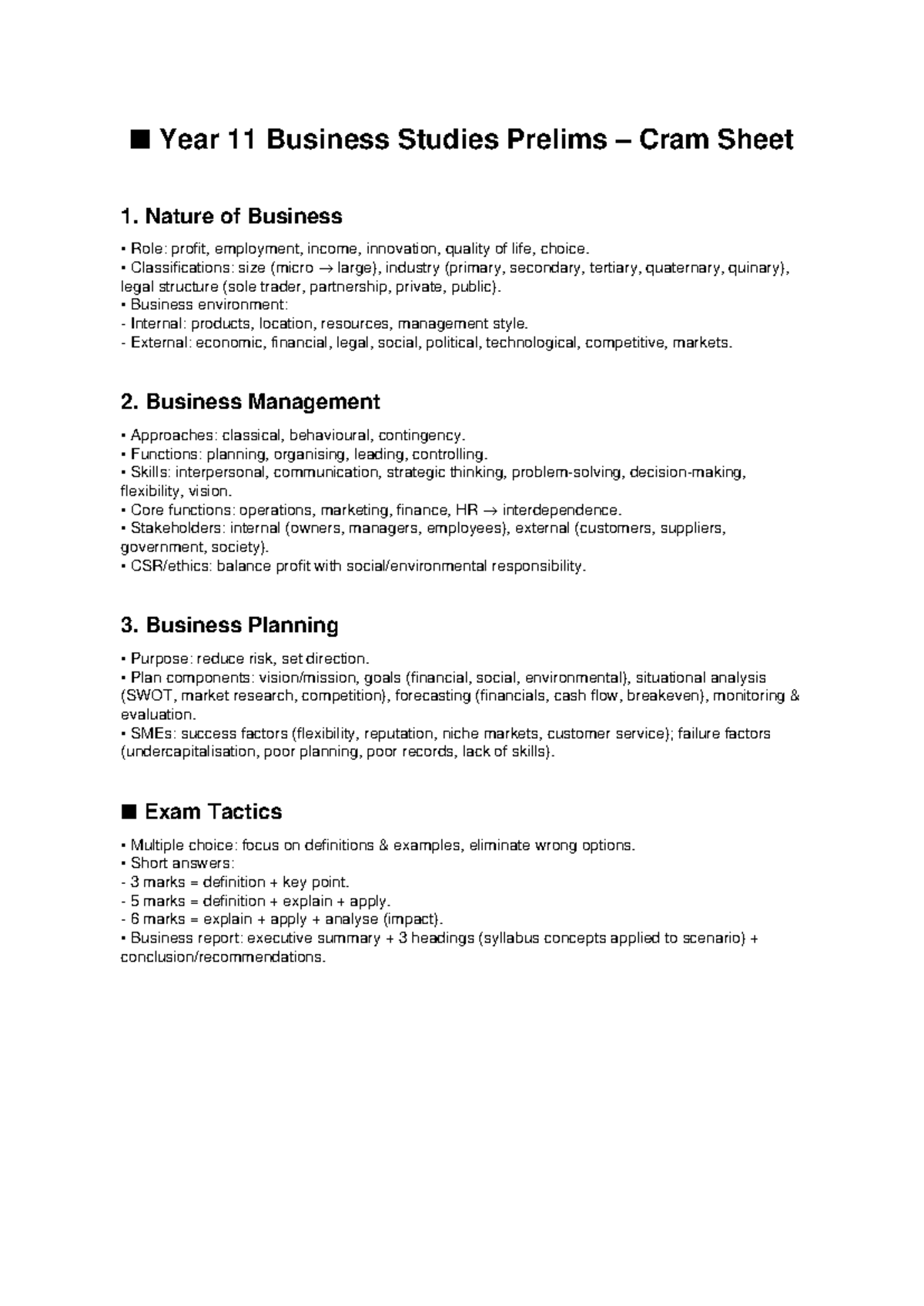 Year 11 Business Studies Prelims Cram Sheet: Key Concepts & Exam ...
