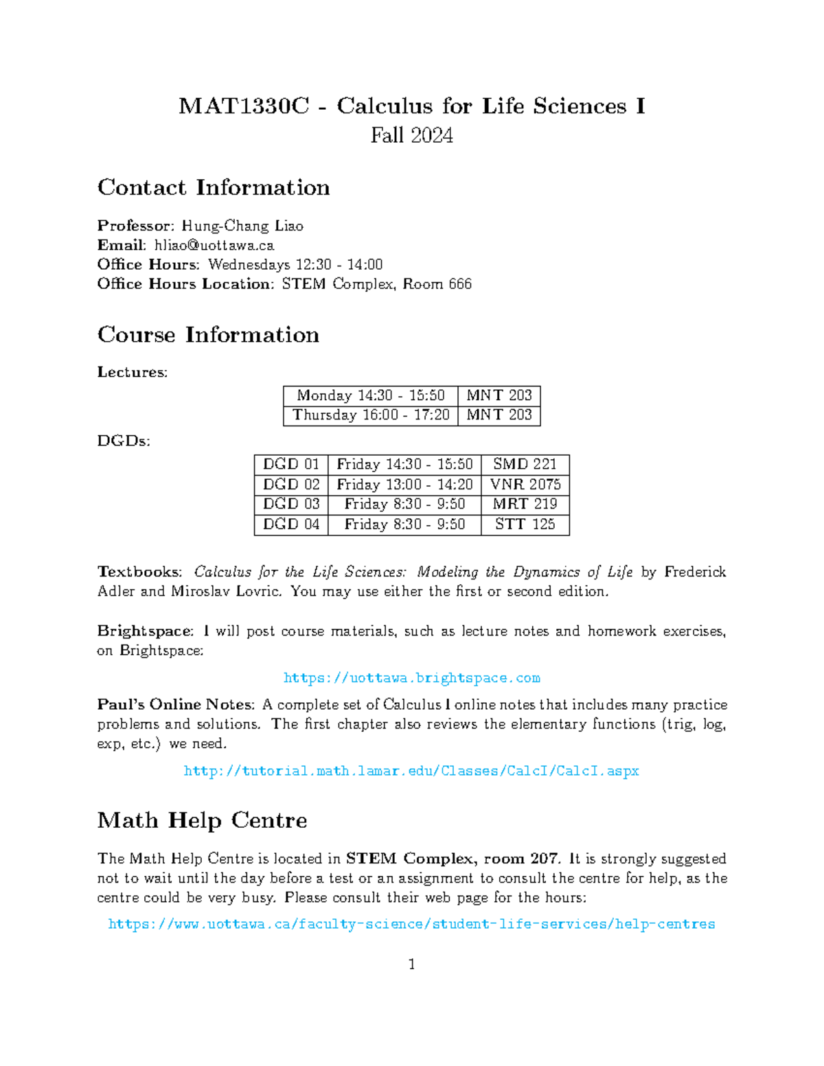 MAT1330C Syllabus: Calculus for Life Sciences I - Fall 2024 - Studocu