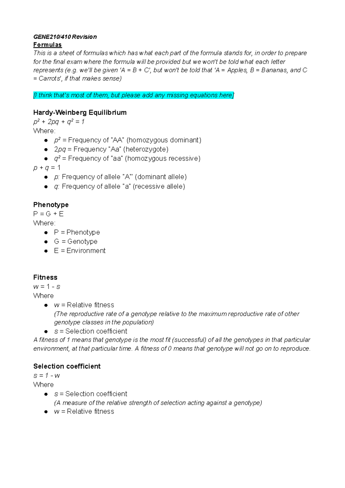 Formulas for Final Exam Review - Biology 101 - Studocu