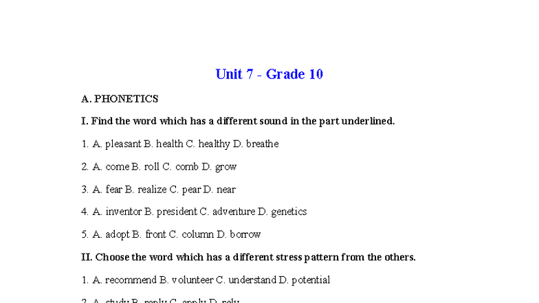 Unit 7 Grade 10 A. Phonetics and Vocabulary Exercises - Studocu