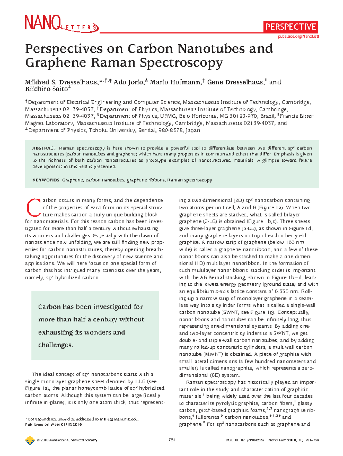 PERSPECTIVE: Insights on Carbon Nanotubes & Graphene via Raman ...