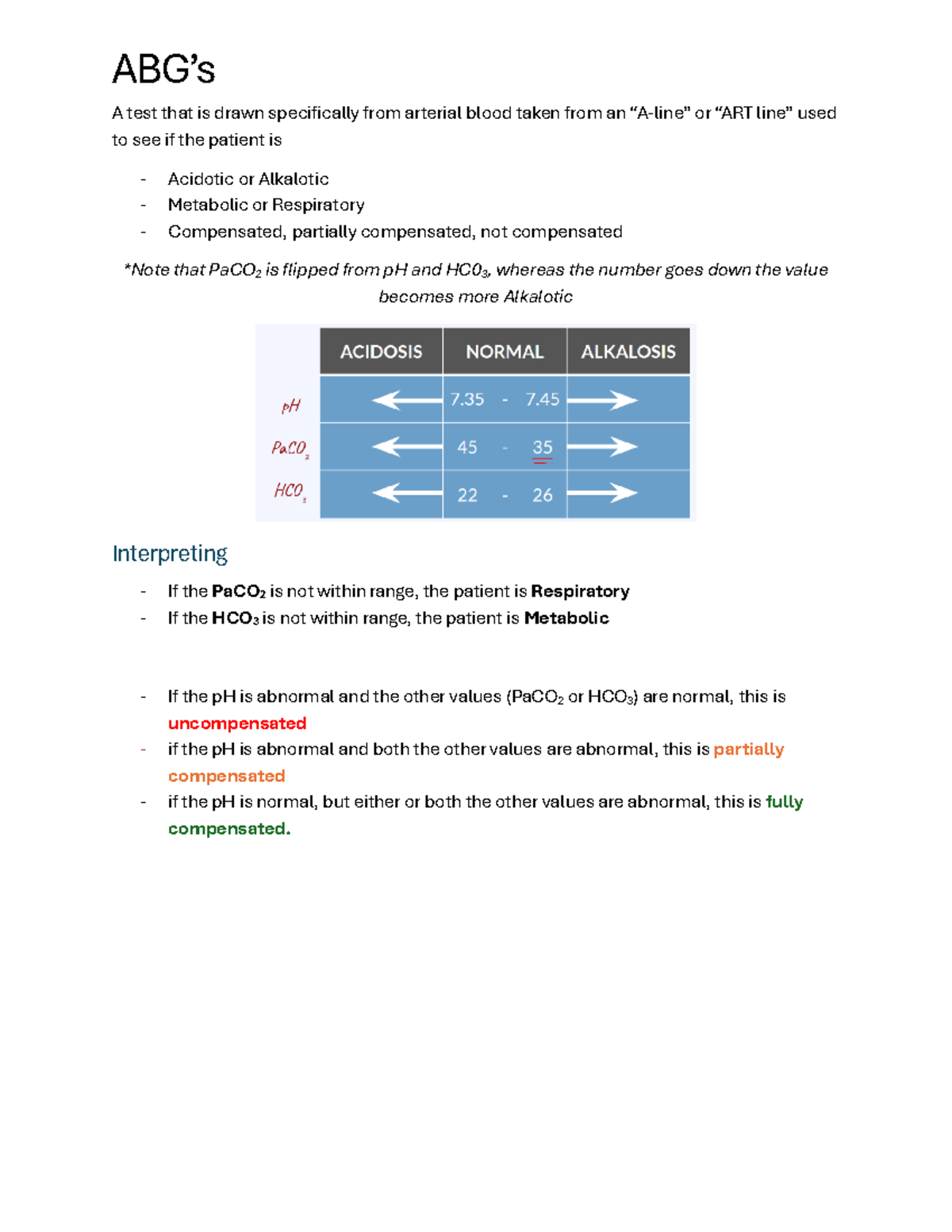 ABG Interpretation Summary for Class: Acid-Base Balance - Studocu