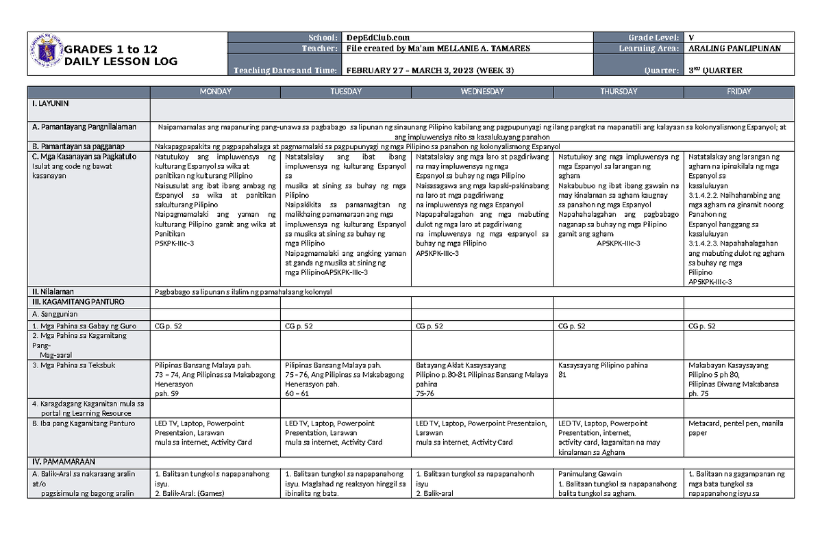 DLL Araling Panlipunan 5 Q3 W3 - GRADES 1 to 12 DAILY LESSON LOG School ...