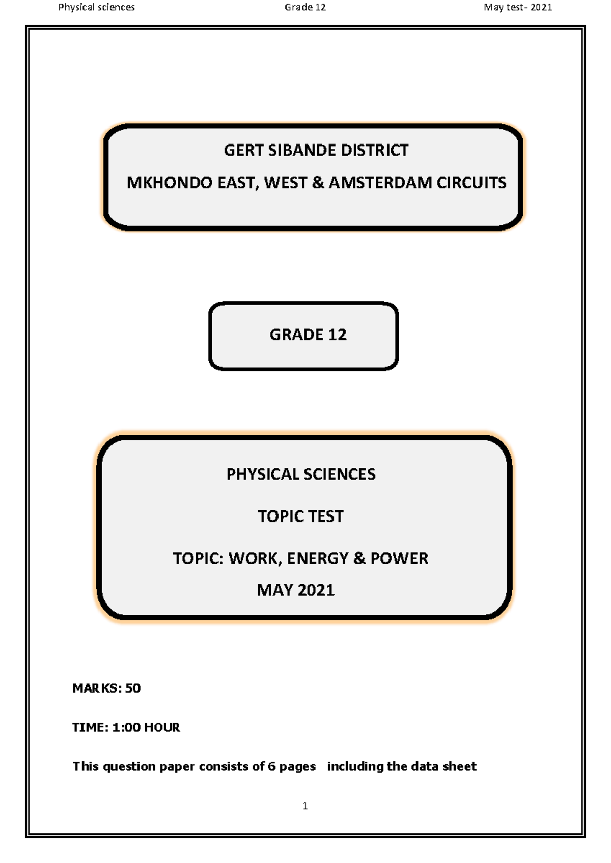 Grade 12 Physical Sciences Topic Test: Work, Energy & Power (May 2021 ...