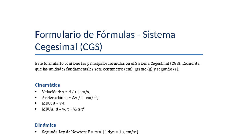 Formulario CGS - Formulario de Fórmulas - Sistema Cegesimal (CGS) Este ...