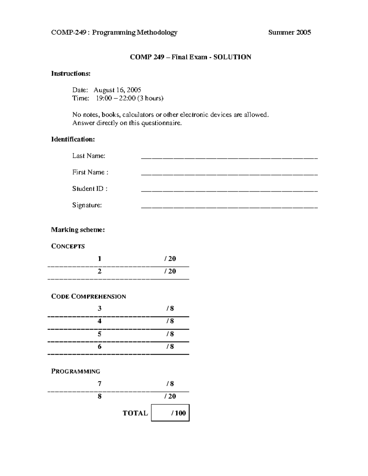 COMP-249 Final Exam Solutions - Summer 2005 - Studocu