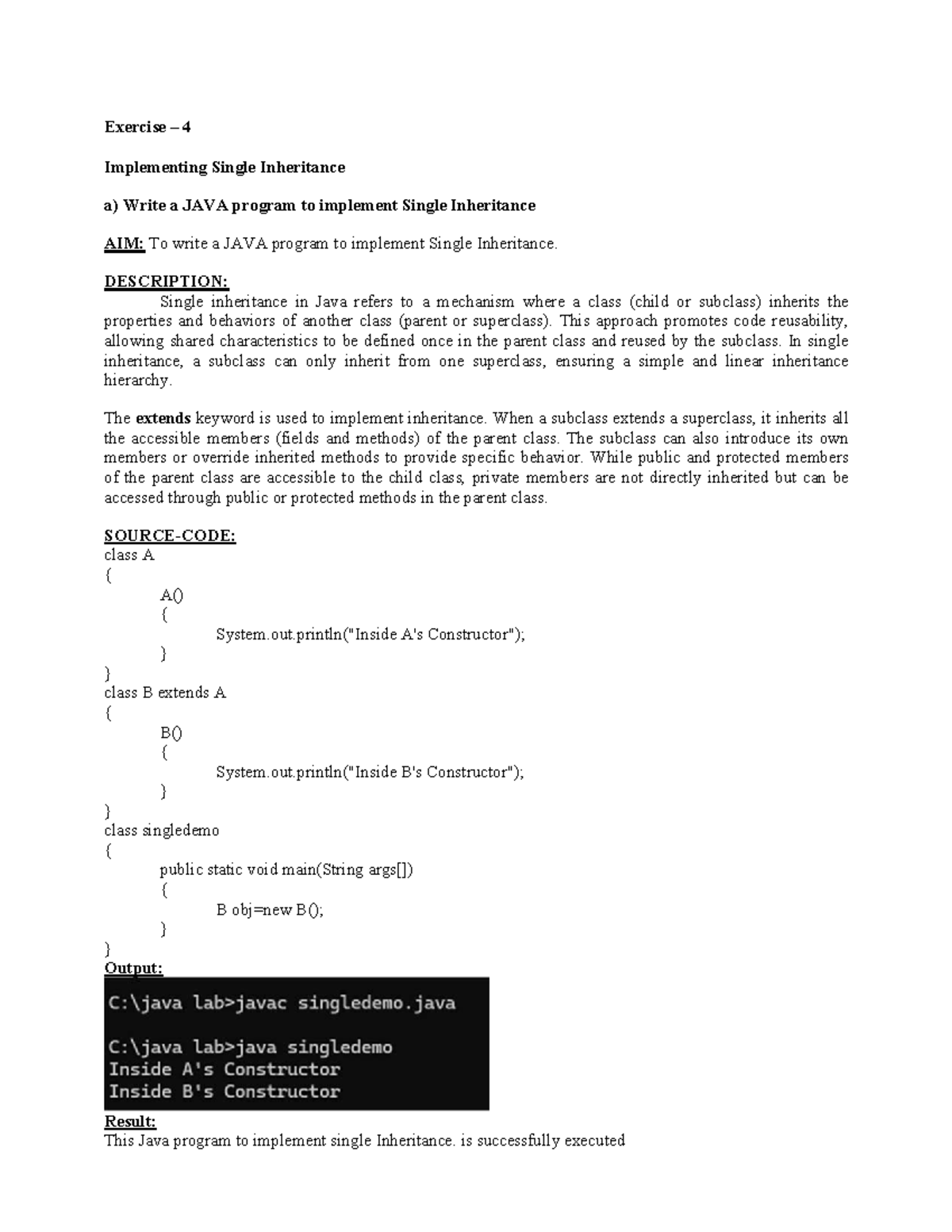 JAVA LAB Exercise 4 - Implementing Single & Multi-Level Inheritance ...
