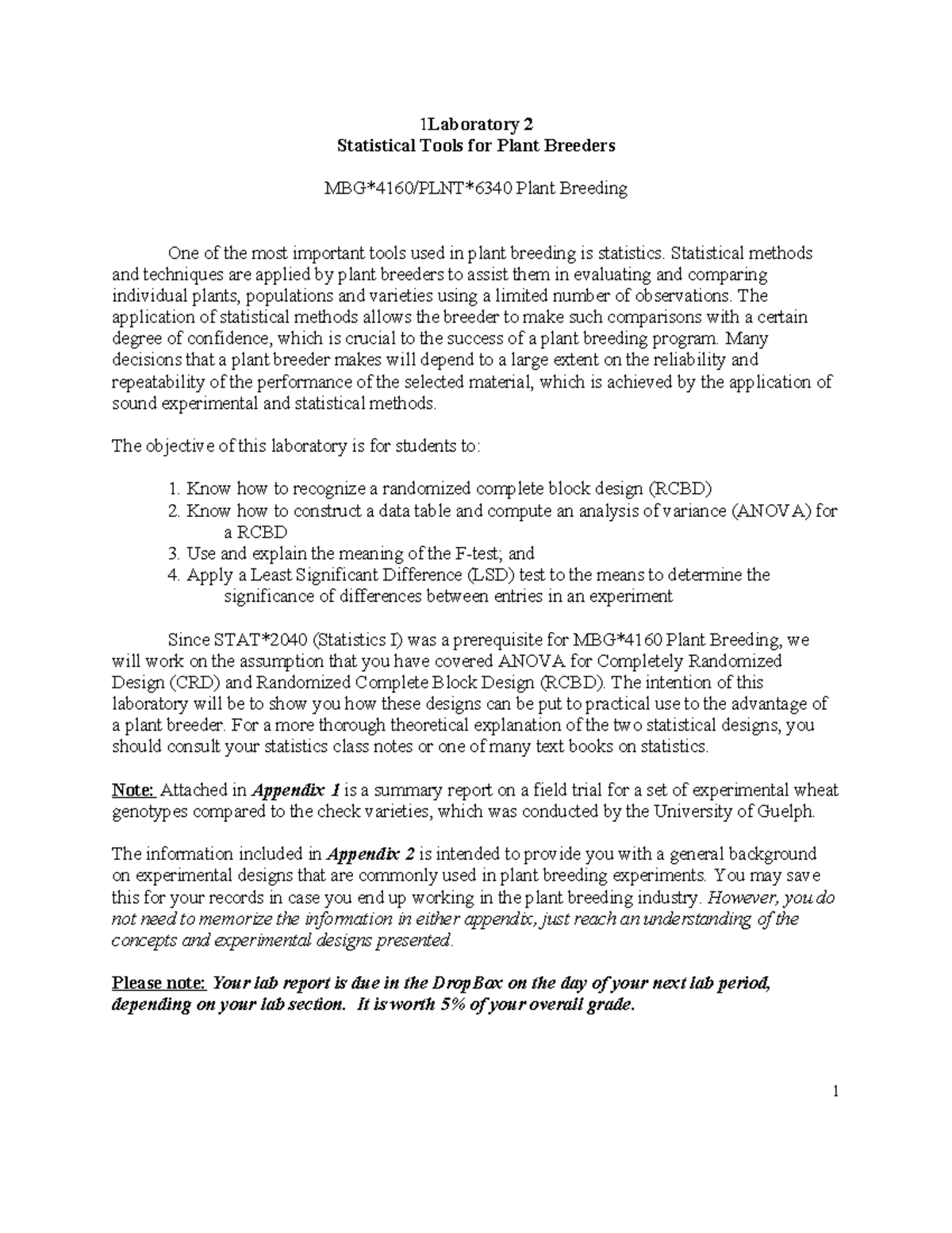 Laboratory 2: Statistical Tools for Plant Breeders - ANOVA & LSD ...