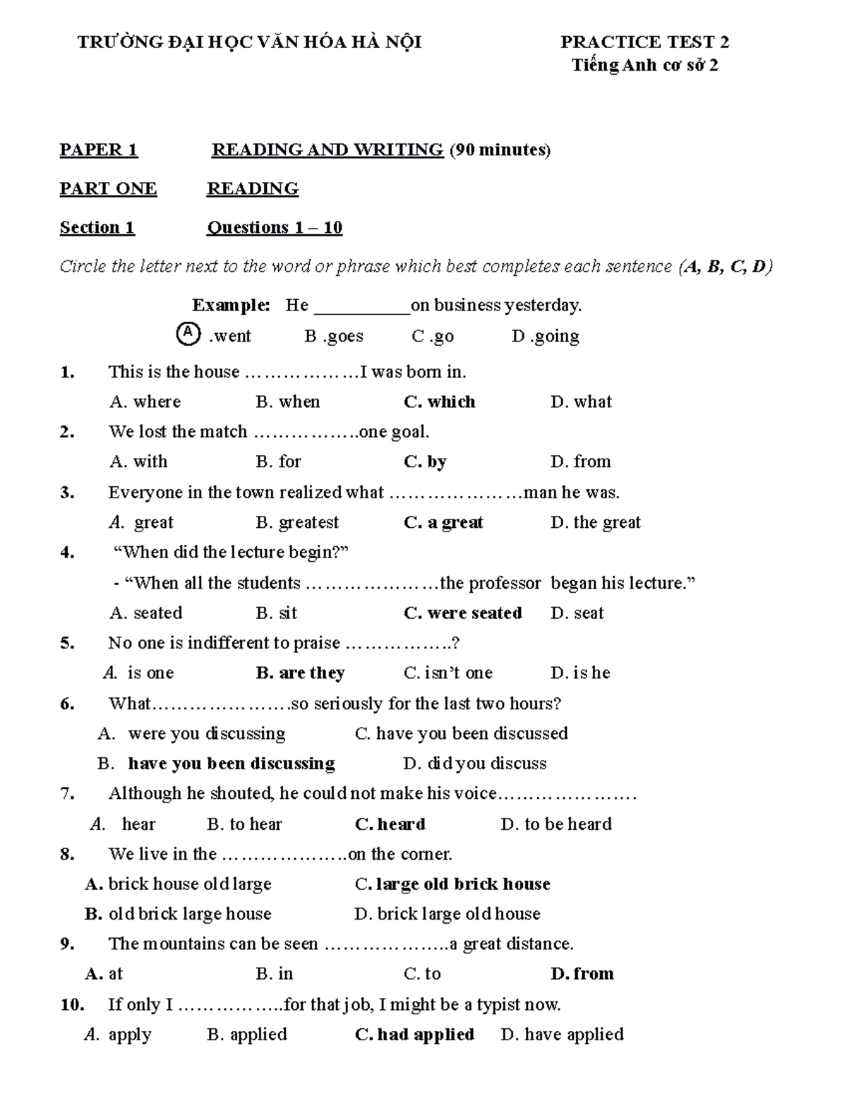 Practice Test 2 for English Cơ Sở 2 - Reading and Writing - Studocu