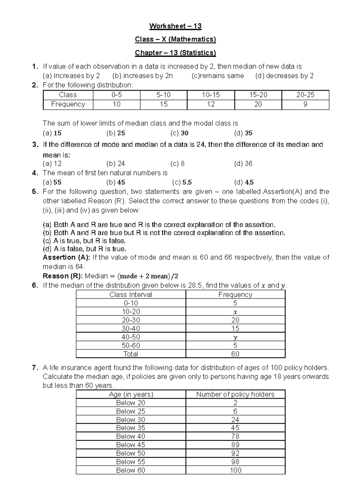 Chapter 13 (Statistics) - Worksheet – 13 Class – X (Mathematics ...