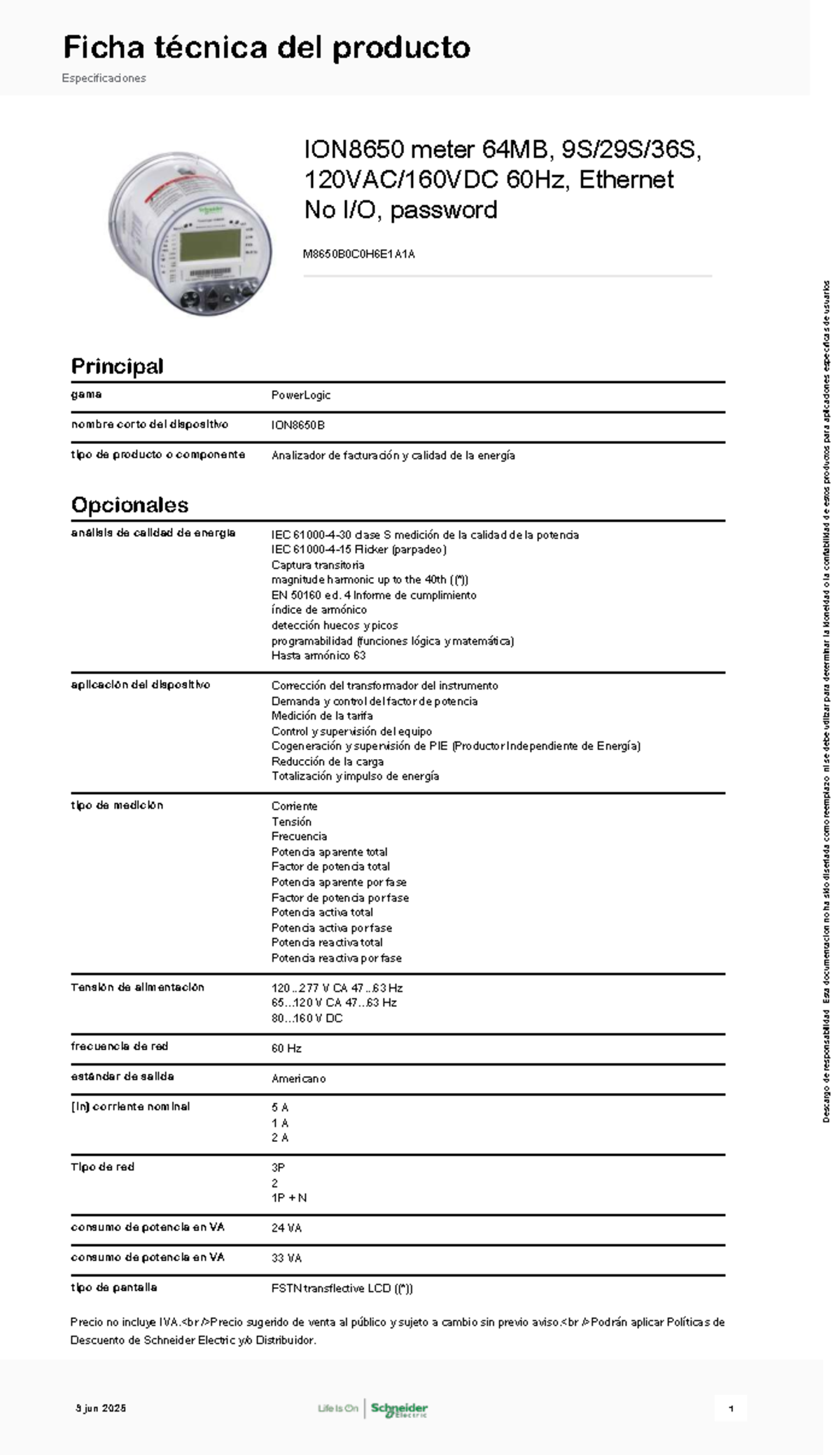 Especificaciones Técnicas del Medidor ION8650 M8650B0C0H6E1A1A ...
