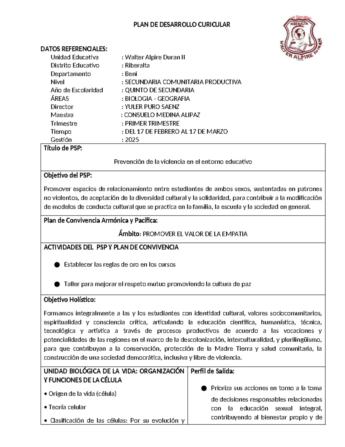 PDC 5to PROF - Plan de Desarrollo Curricular Quinto Secundaria 2025 ...