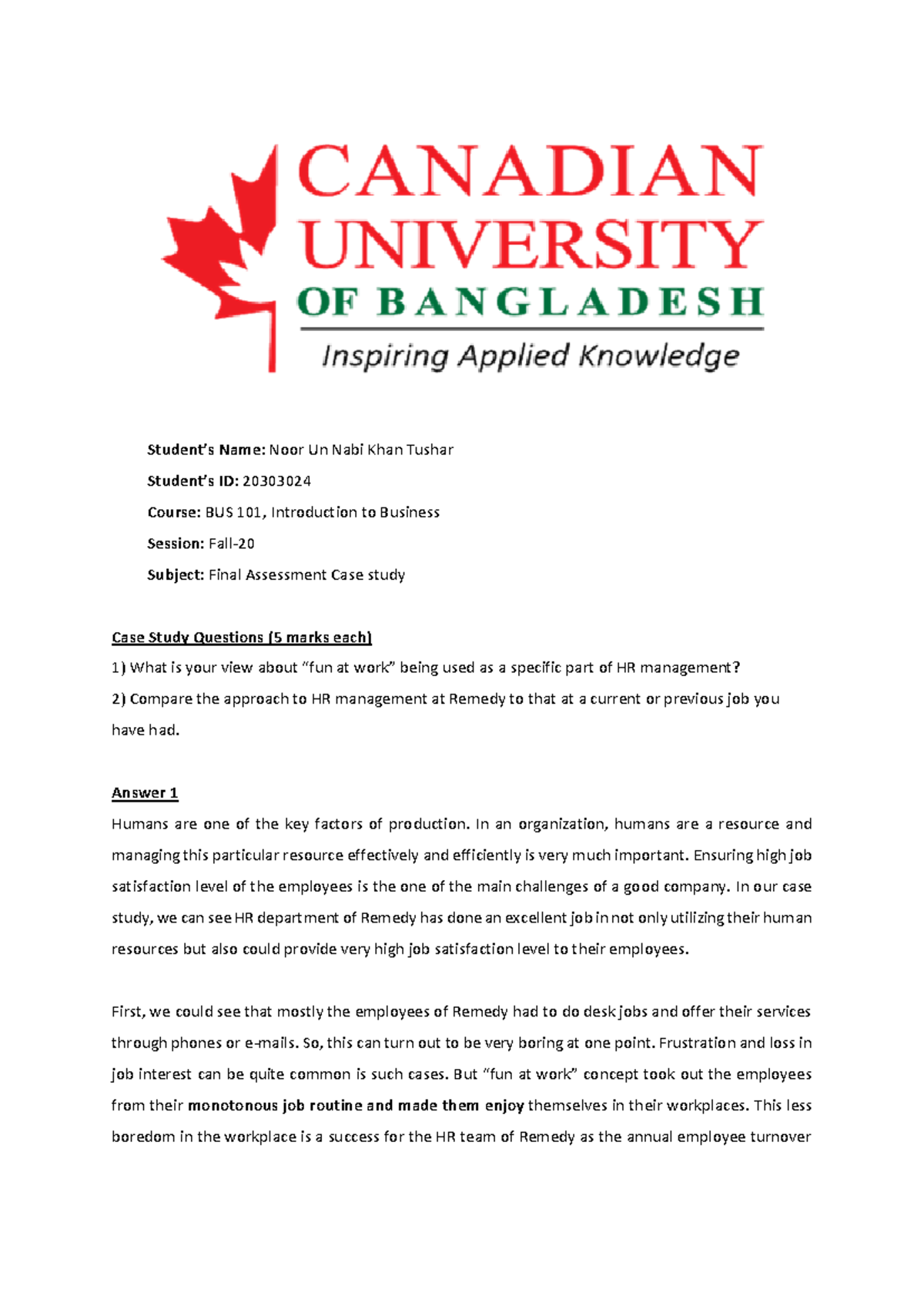 Final Case Study Analysis on HR Management Strategies in BUS101 - Studocu