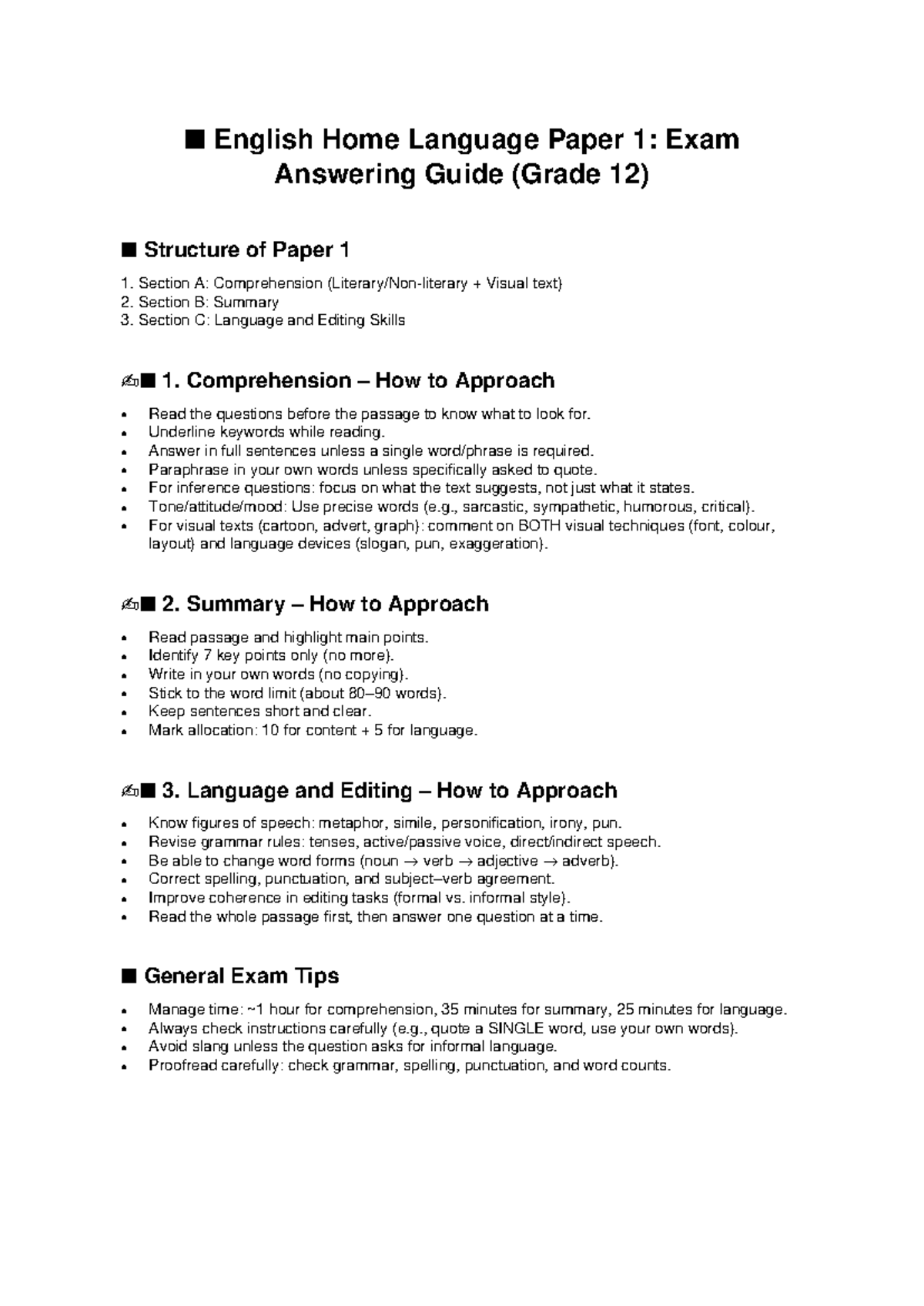 English HL Paper 1: Exam Answering Strategy Guide (Grade 12) - Studocu