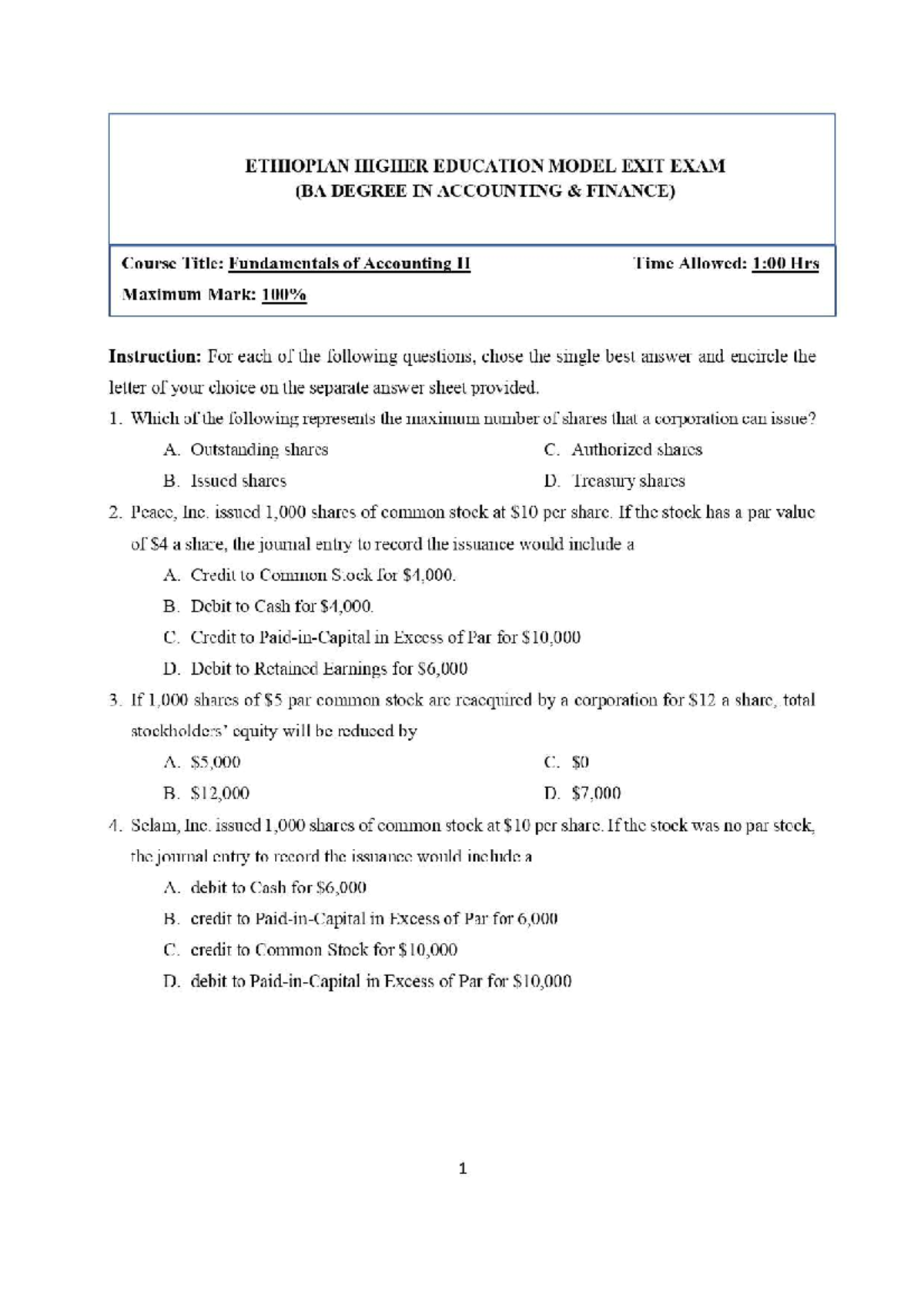 Fundamentals of Accounting II Model Exit Exam - 2023 - Studocu