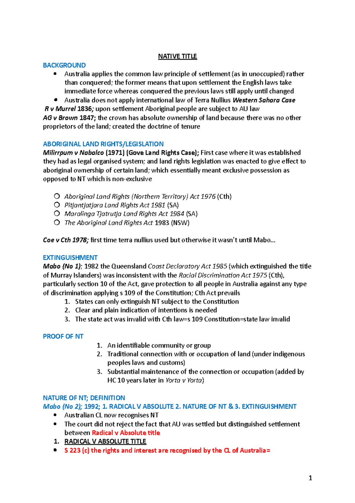 REAL Property Native Title Exam Notes (Law 302) - Studocu