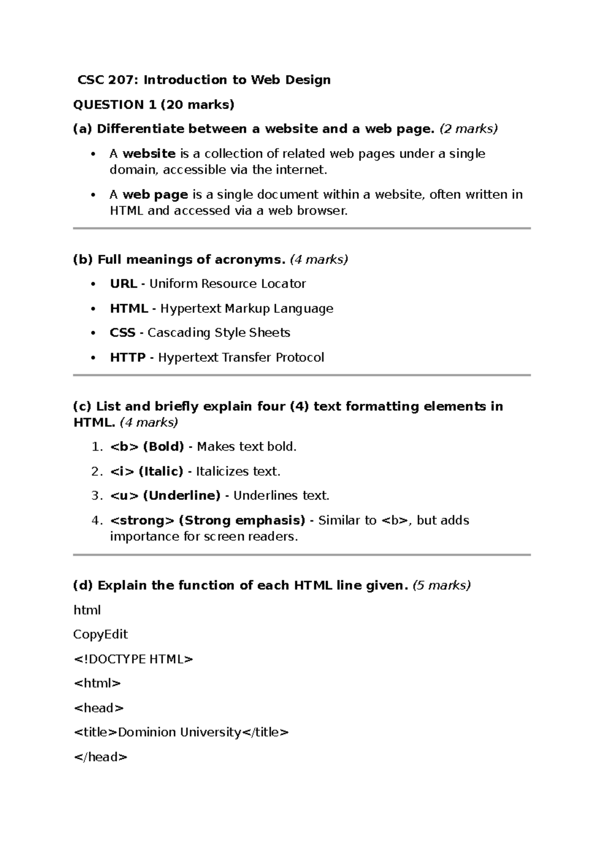 CSC 207: Web Design Exam Questions and Answers - Studocu