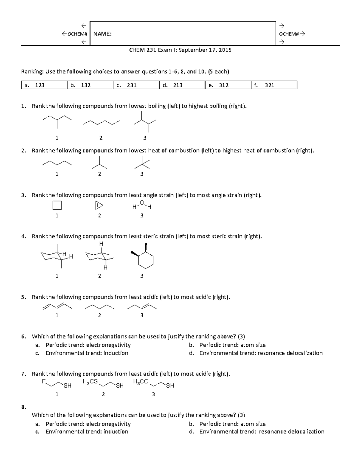 CHEM 231 Exam 1 Fall 2019 Practice Exam Solutions and Key - Studocu