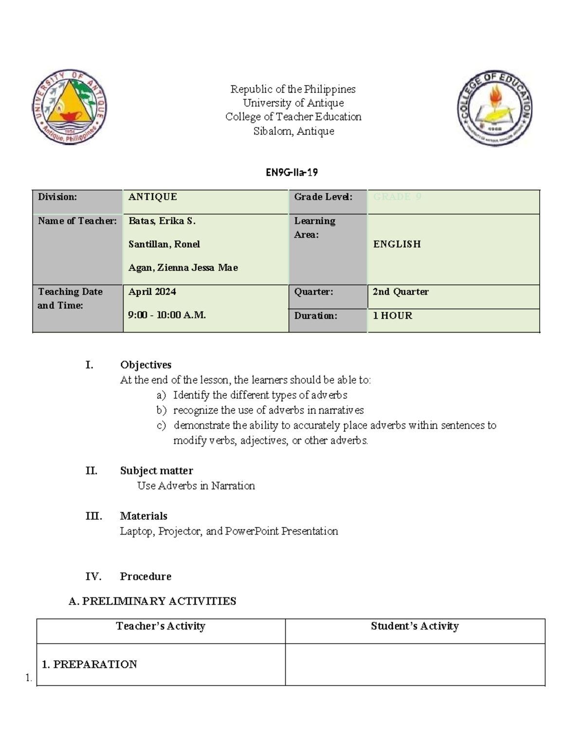 EN9G-IIa- Adverbs in Narration - Lesson Plan for Grade 9 - Studocu