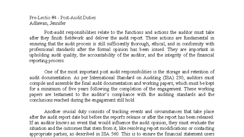 Adlawan ACCT 401 Post-Audit Responsibilities and Standards - Studocu
