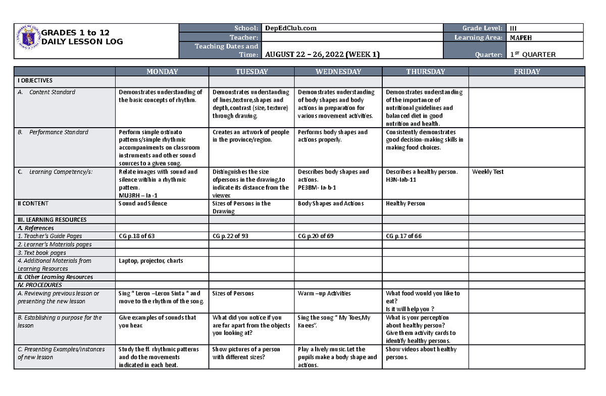 DLL Mapeh 3 Q1 W1 - new lesson - GRADES 1 to 12 DAILY LESSON LOG School ...