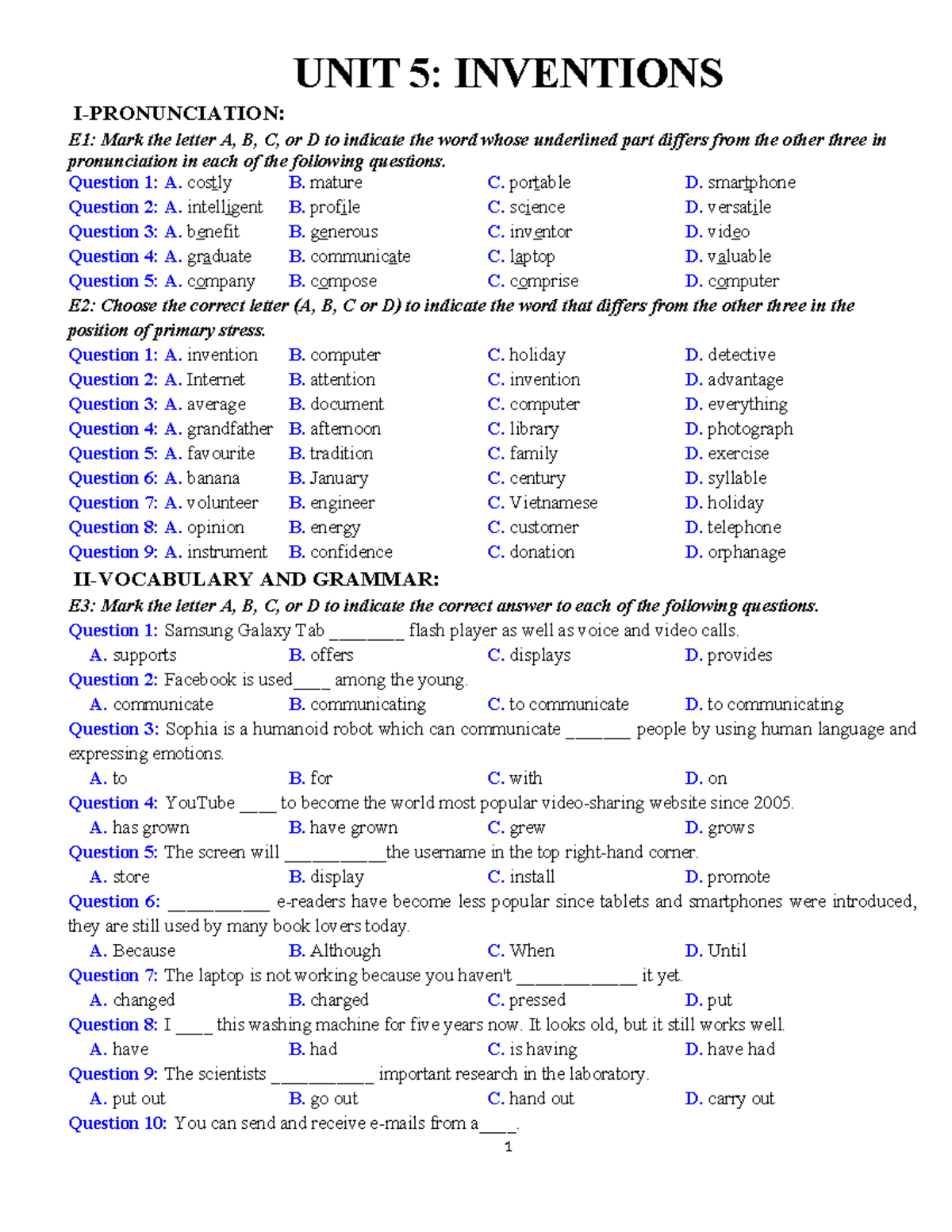 UNIT 5: EXERCISES ON INVENTIONS E1-E4 AND GRAMMAR E3-E11 - Studocu