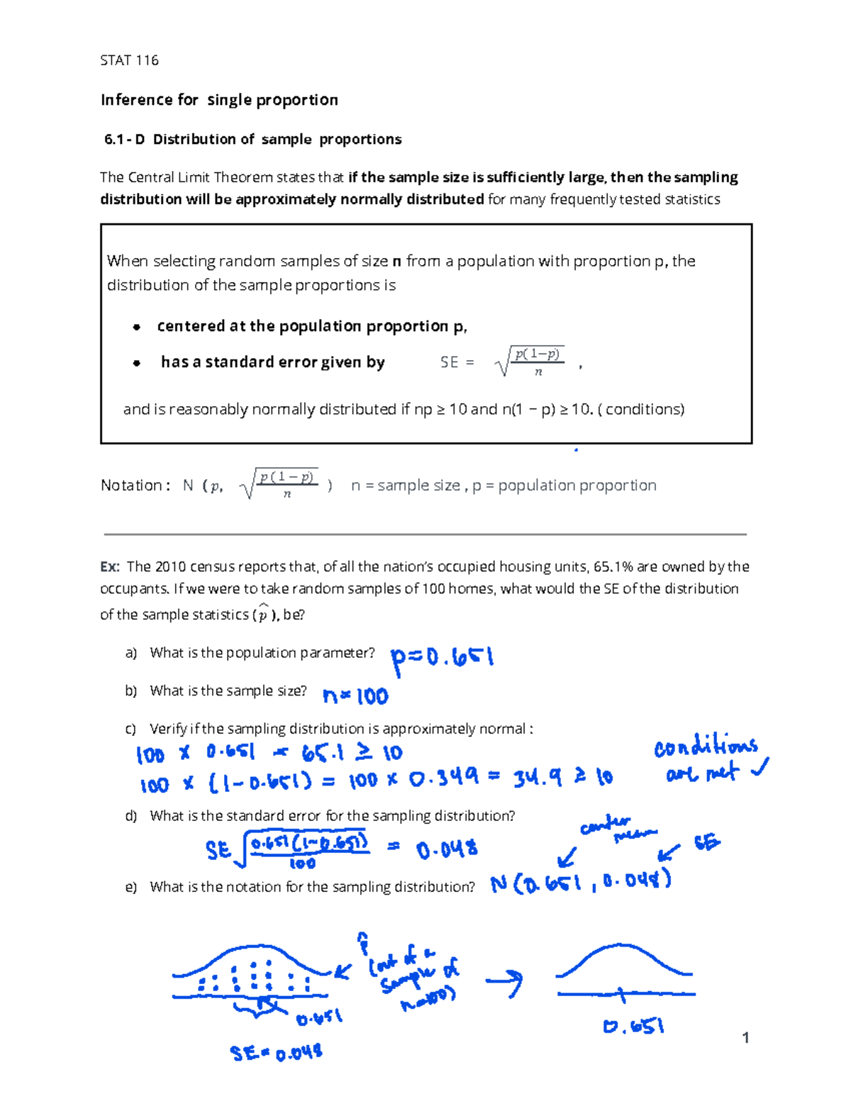 STAT 116 Final Exam Notes: Inference for Single Proportion - Studocu