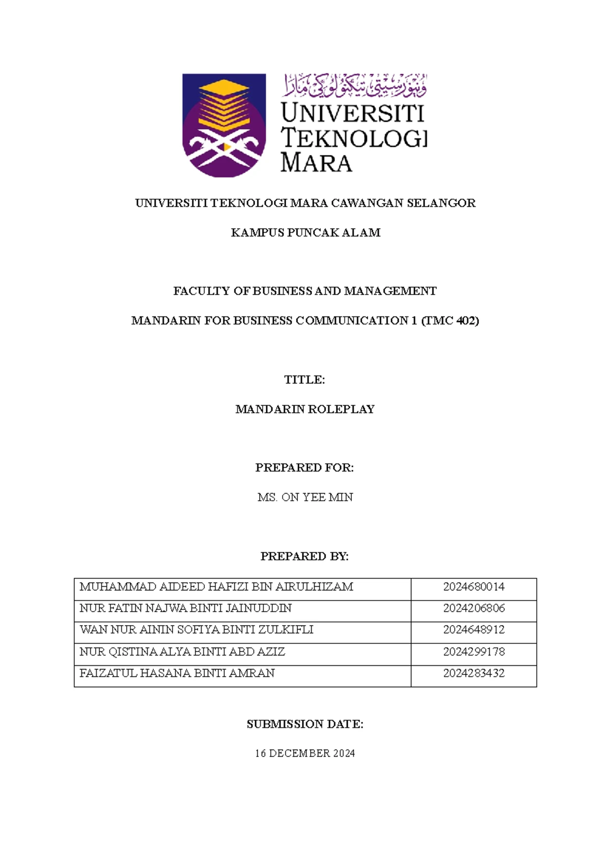 ROLE PLAY Script Mandarin (final) - Introductory Mandarin Level 2 NBH4A ...