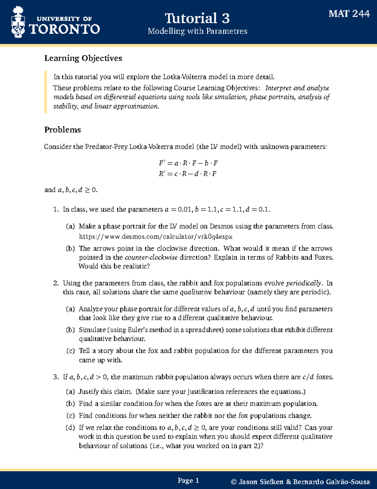 MAT 244 Tutorial 3 Solutions: Modelling with Parameters Analysis - Studocu