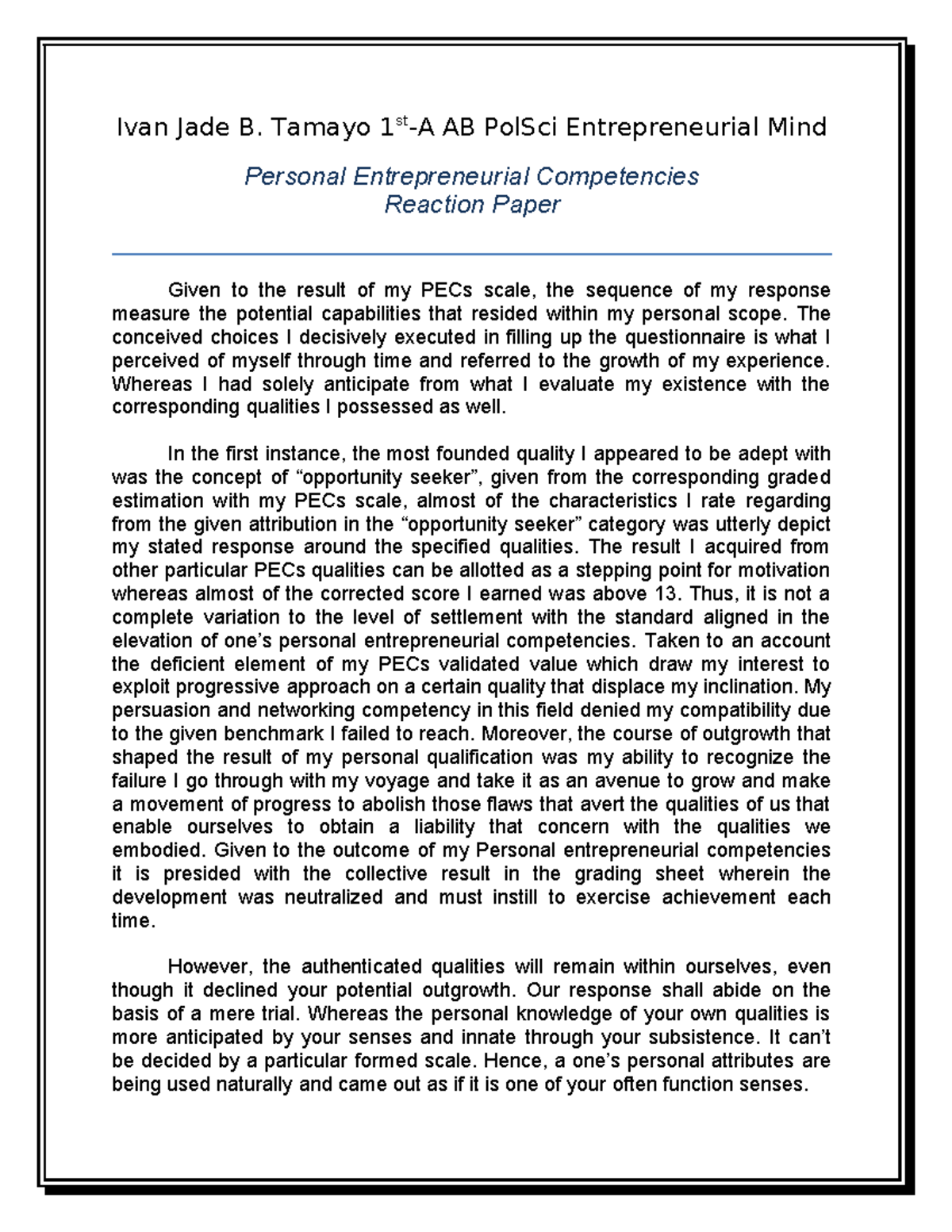 Entrep. mind reaction paper Tamayo - Ivan Jade B. Tamayo 1 st -A AB ...