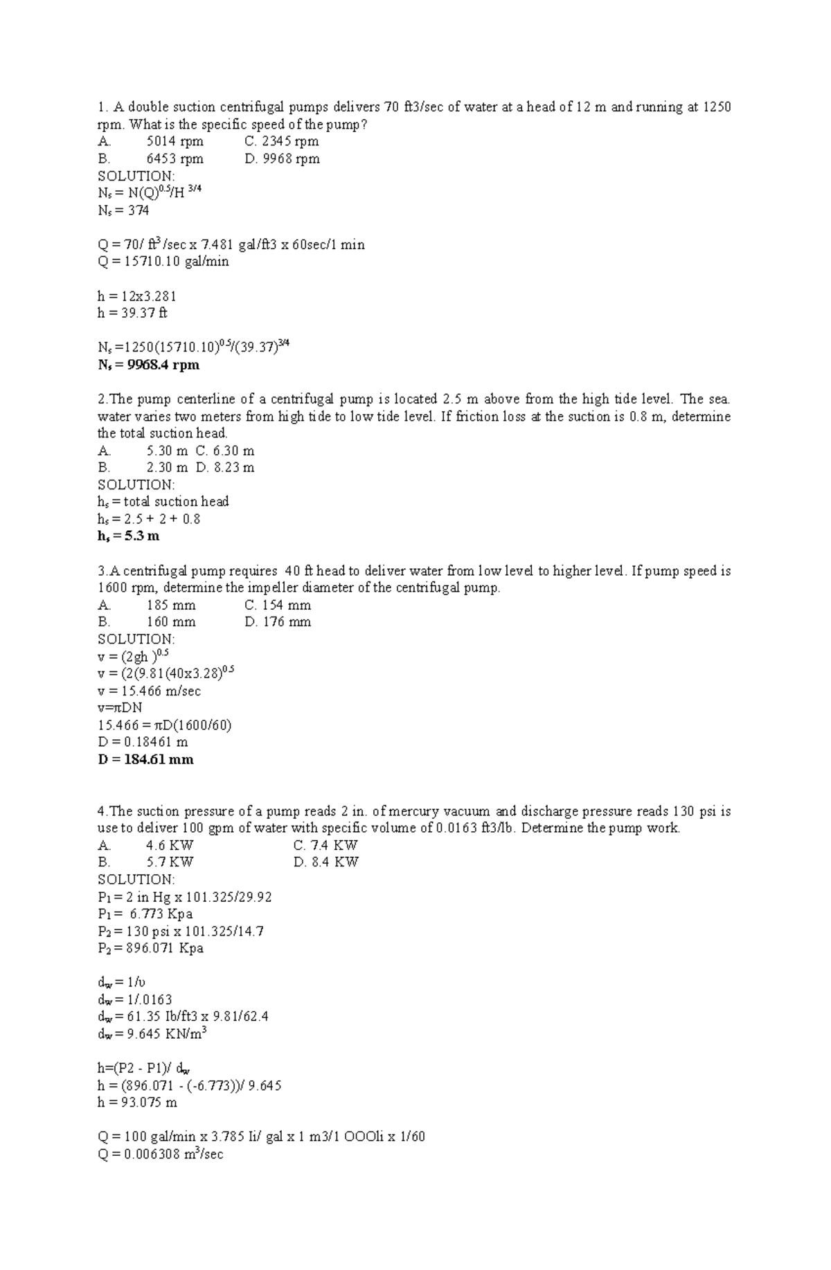 CEN 202: Sample Pump Calculations and Problems for Exam - Studocu