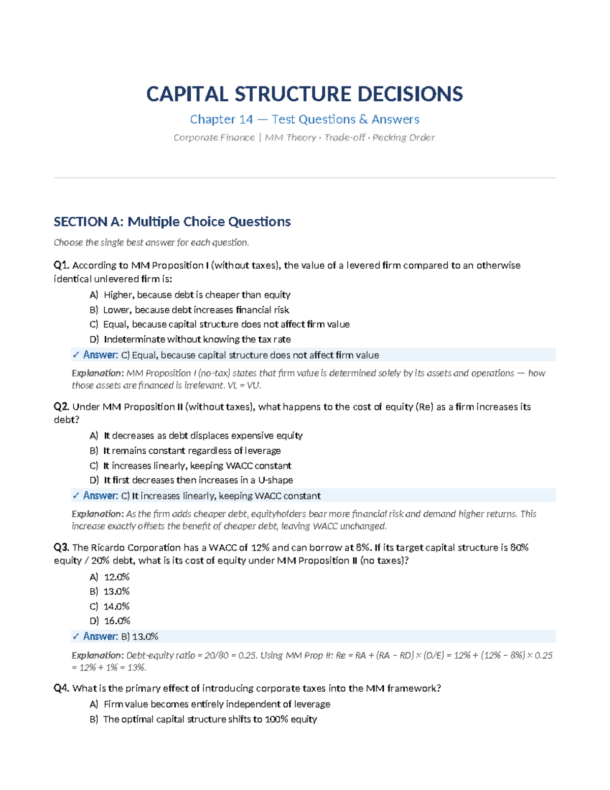 Capital Structure Decisions: Chapter 14 Test Questions & Answers - Studocu