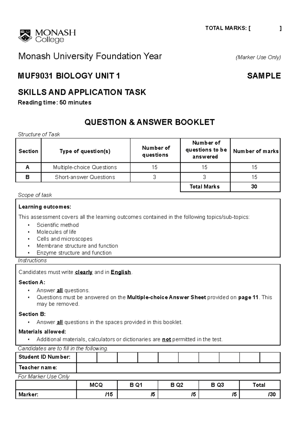MUF0031 MUFY Biology Unit 1 Sample Exam Paper and Q&A Booklet - Document Preview