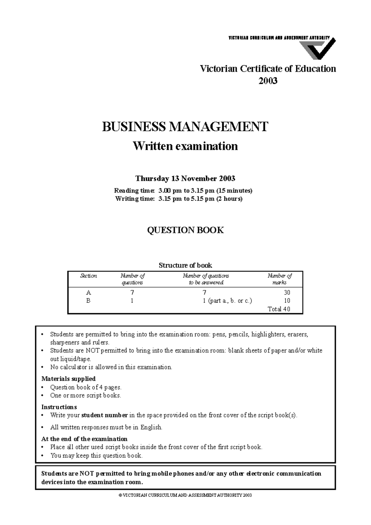 2003-vcaa - exam - Victorian Certificate of Education 2003 BUSINESS ...