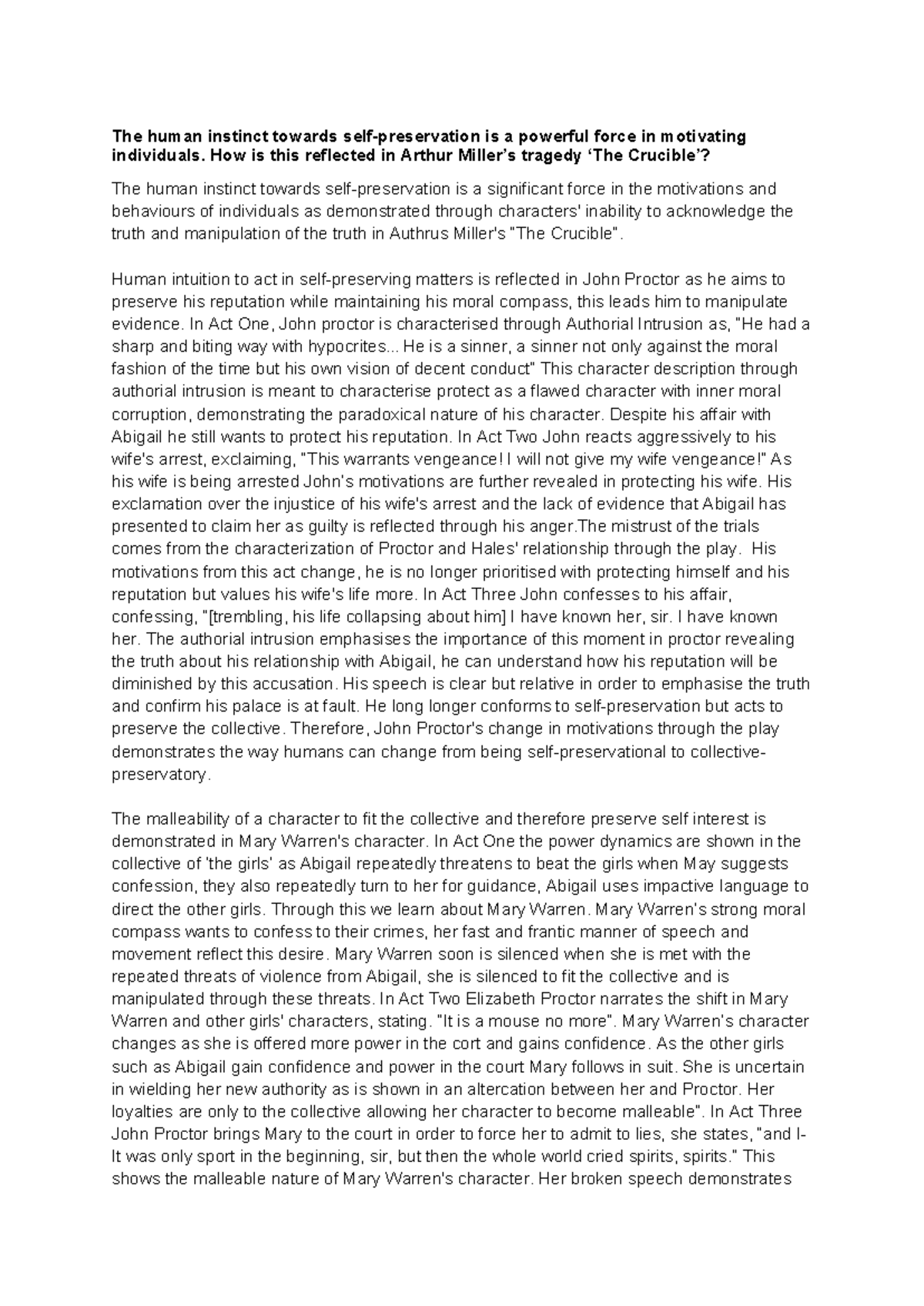 ENG 101 Final Essay: Self-Preservation in Arthur Miller’s 'The Crucible ...