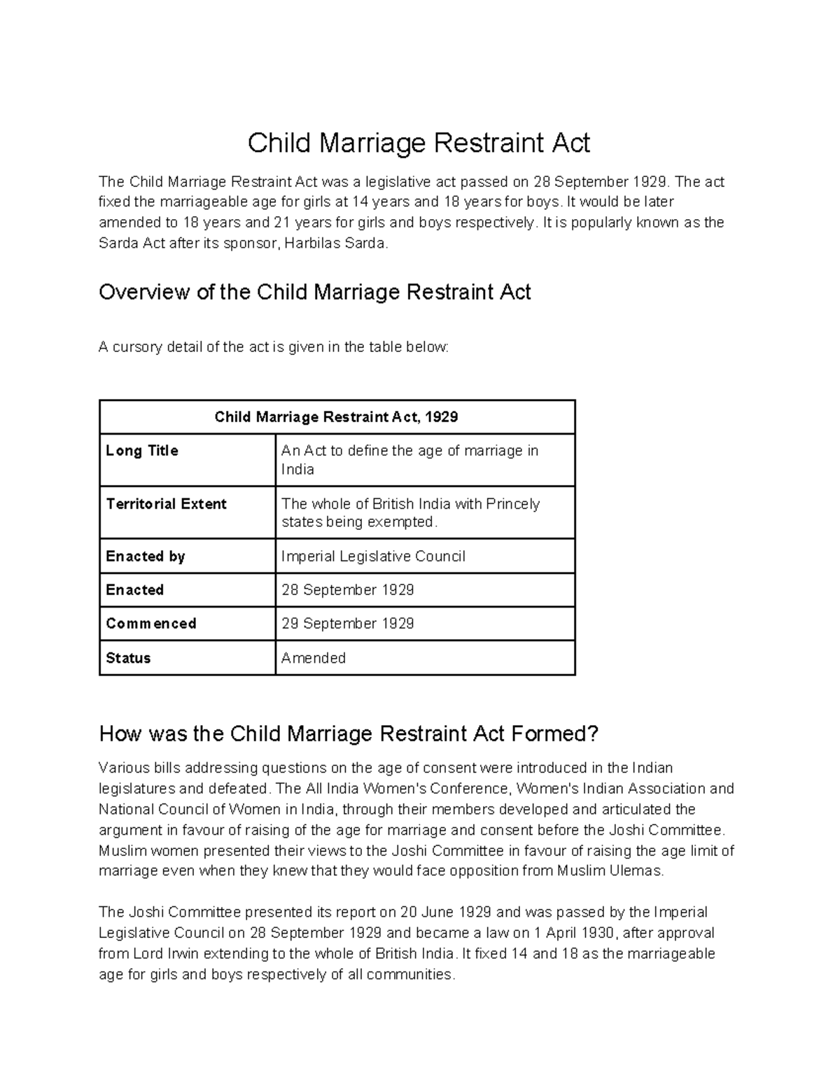 Child Marriage Restraint Act: Historical Overview and Impact - Studocu