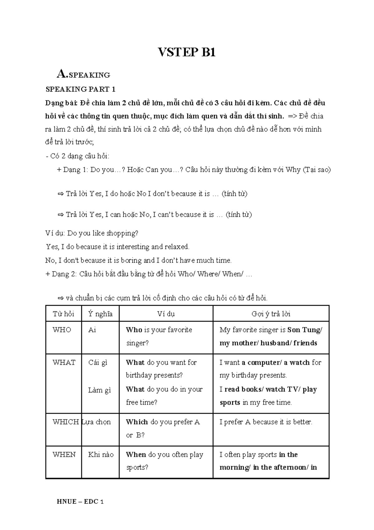 VSTEP B1 Speaking Practice Guide: Parts 1-3 Overview - Studocu