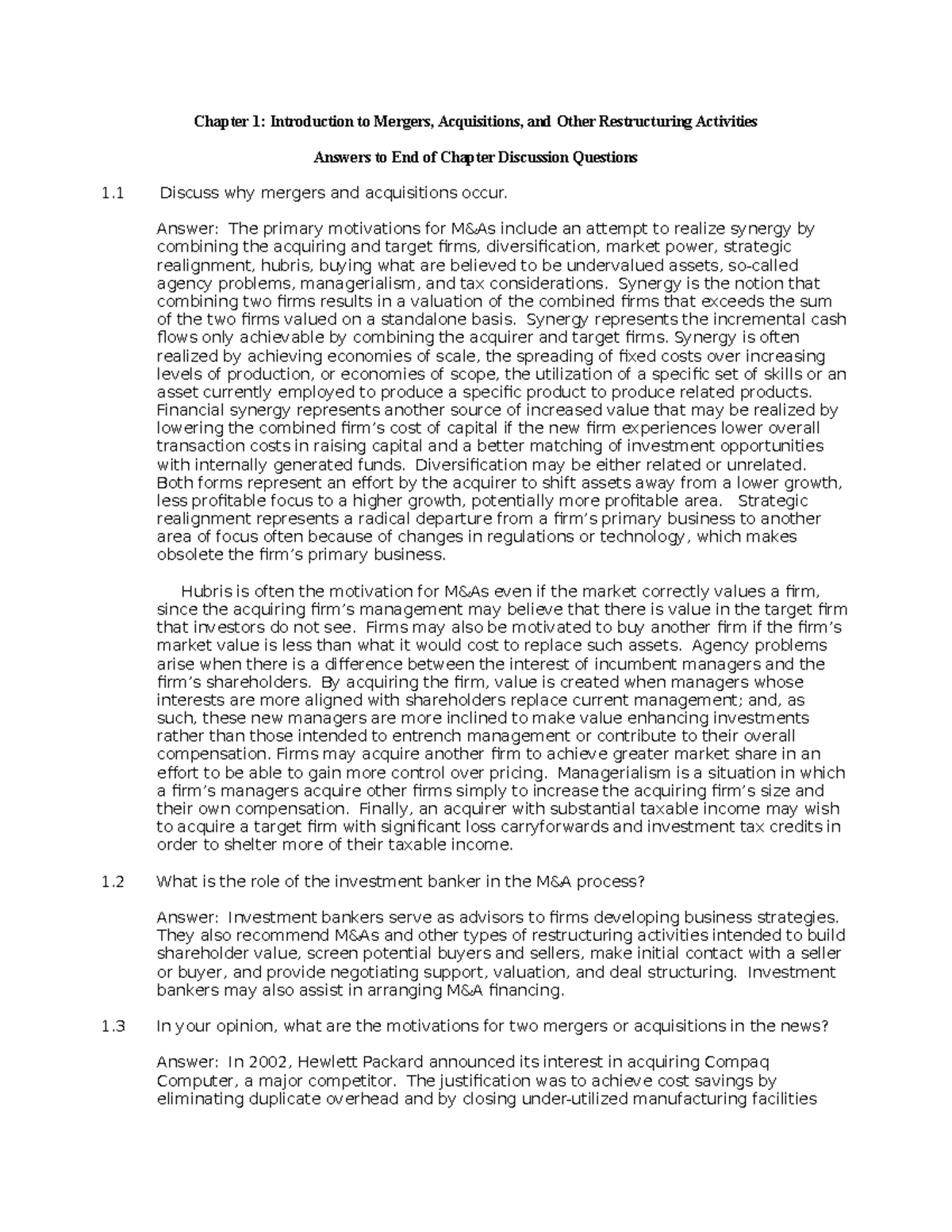9780128016091 Test Bank Chapter-1 - Chapter 1: Introduction to Mergers ...