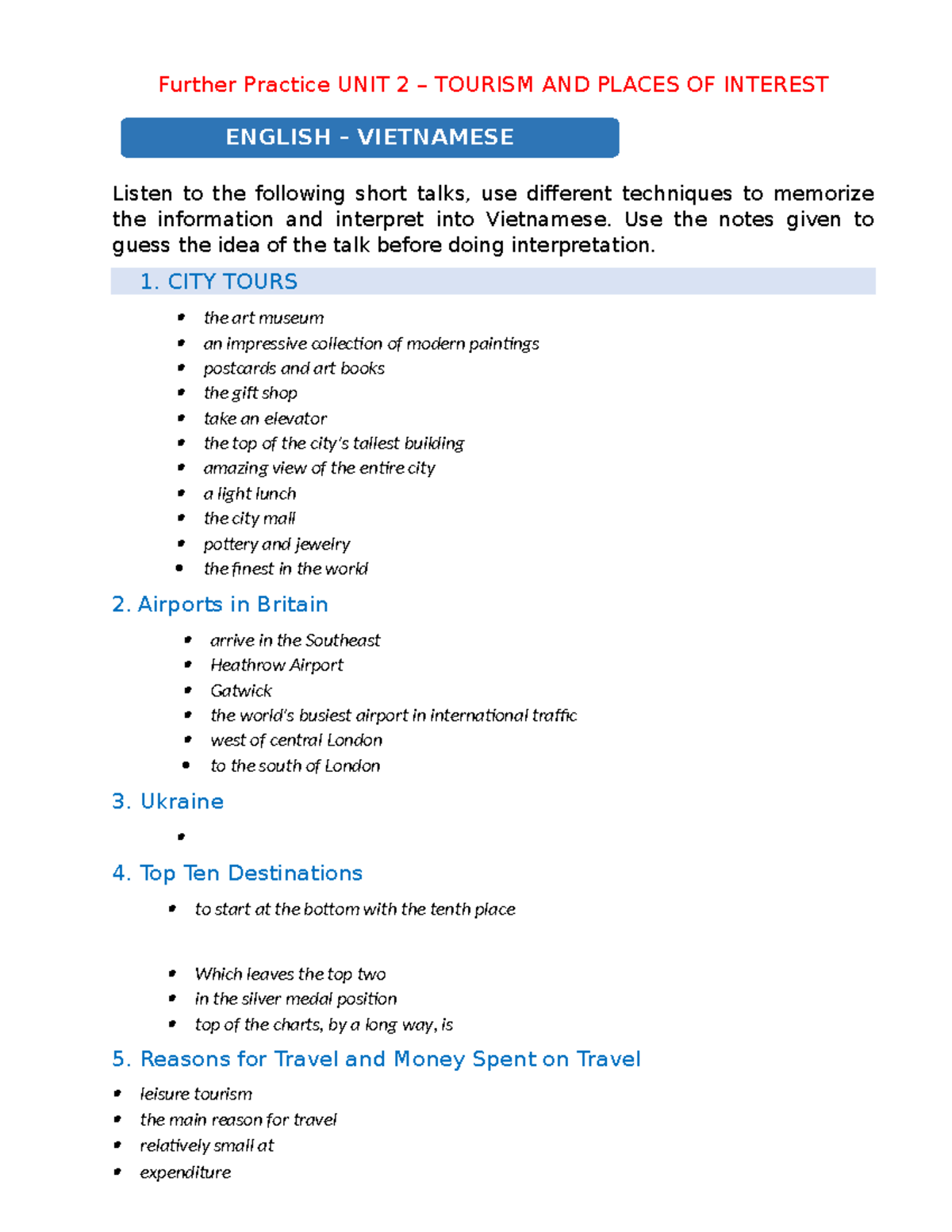Further Practice UNIT 2-2023 - Use the notes given to guess the idea of ...