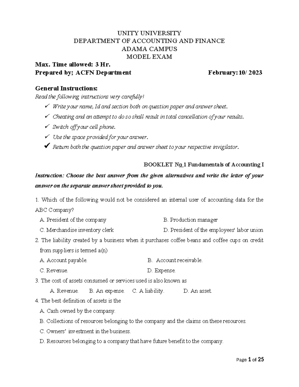Acc Question 12 - Accounting - UNITY UNIVERSITY DEPARTMENT OF ...