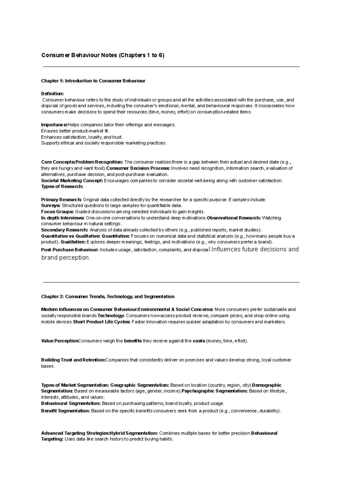 Consumer Behaviour Notes (CB 101) - Chapters 1 to 6 Overview - Studocu